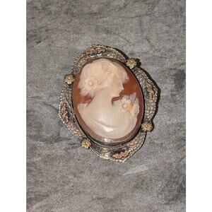 Beautiful Vintage 1990s Cameo Pin Brooch .925 Sterling Silver Floral Frame 1.75"